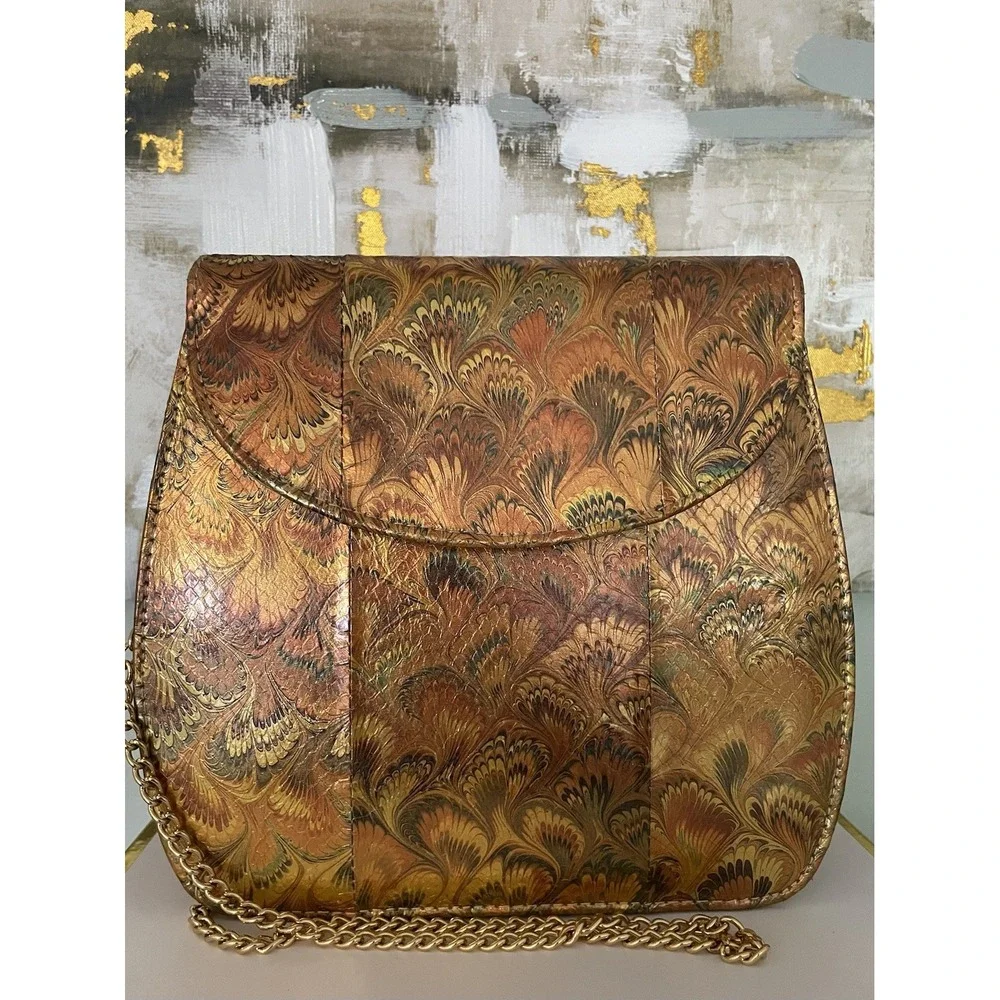 VTG J Renee Gold Metallic Marbled Peacock Print Snakeskin Shoulder Bag/Purse.